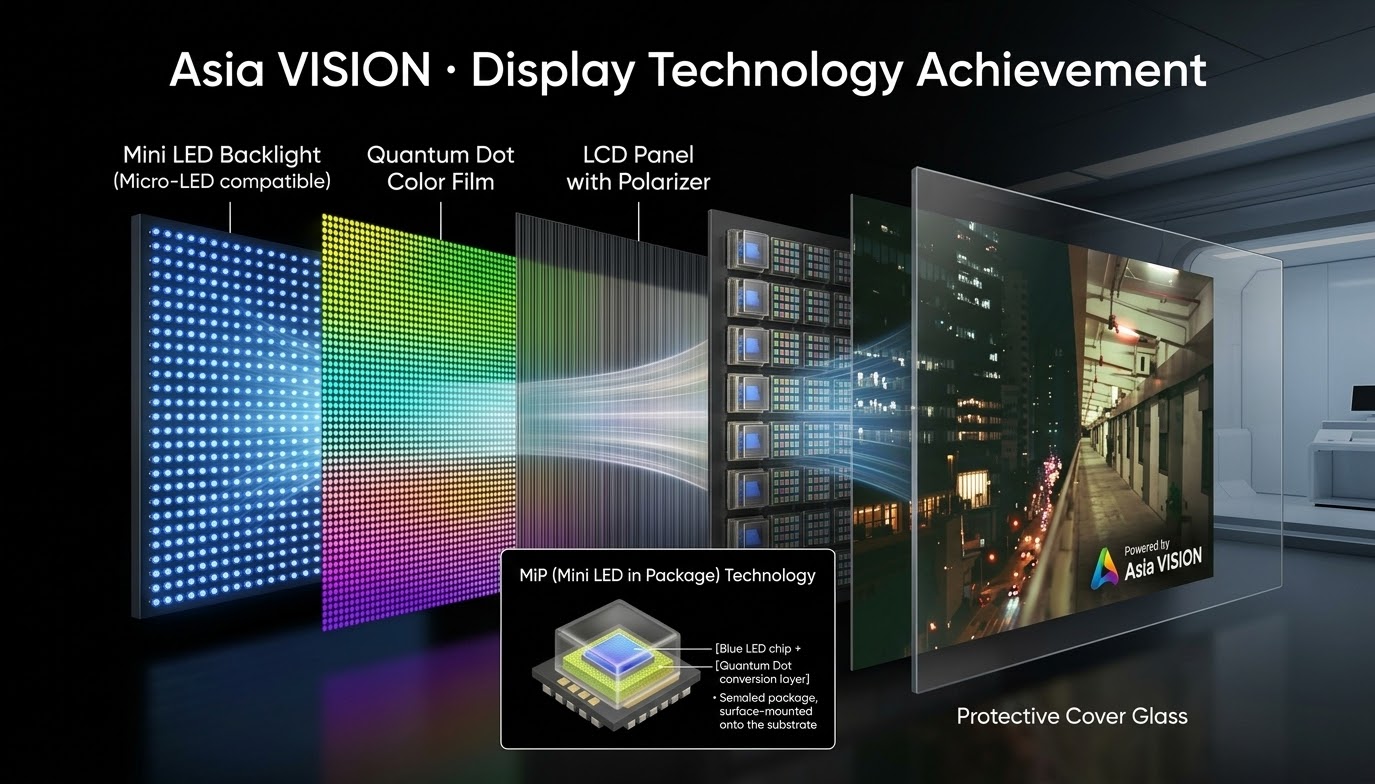 Cross-section diagram of MIP LED packaging showing the sealed package, quantum dot layer and substrate
