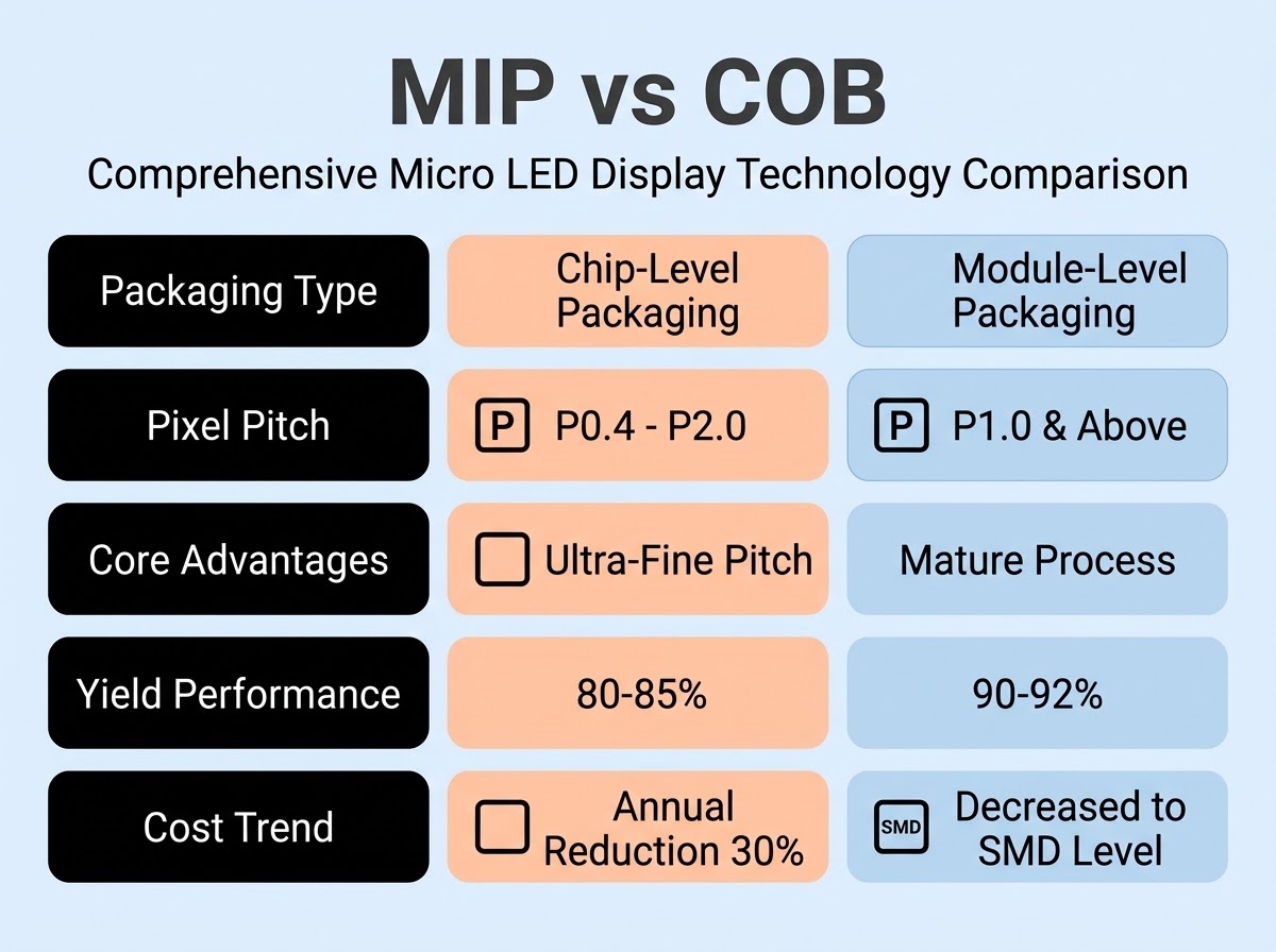 MIP vs COB comparison chart covering packaging type, pixel pitch, yield and cost trend