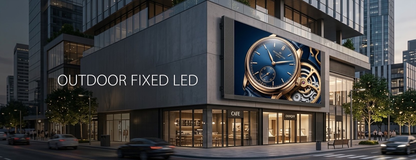 Outdoor fixed LED display installed on a building facade