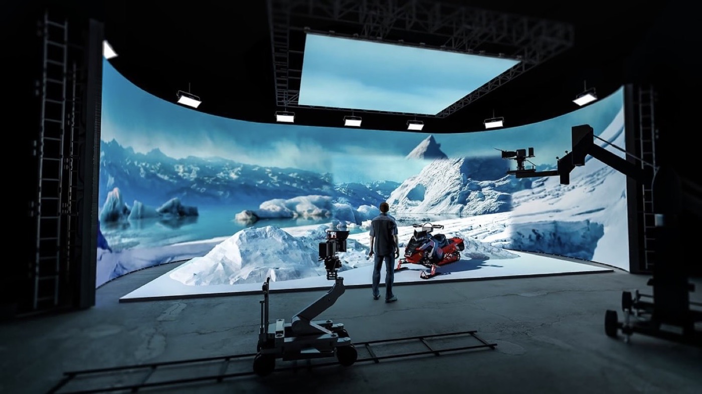 Virtual production LED wall with an overhead ceiling screen