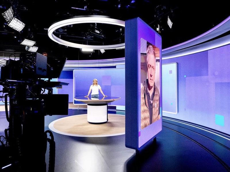 Finland Yle News broadcast studio LED display rebranding purple